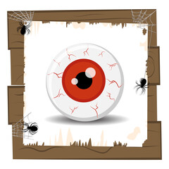 Happy Halloween Red eye portrait on wooden board with spiders. Vector illustration.