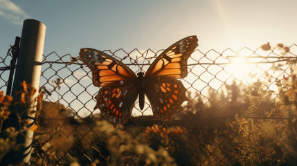 A butterfly on the background of the sun sits on the fence net.