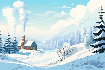 Winter landscape with a cozy house and a smoking chimney