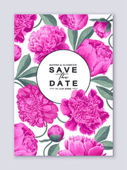Vertical template with realistic pink Peony flowers and space for text. Postcard, Save the Date, wedding invitation or leyout for advertising banners, posters, posts in social networks