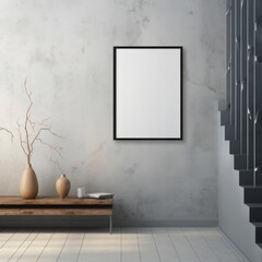 Picture frame mockup, vertical black frame, hanging on a concrete wall, aspect ratio 3:4, wodden floor