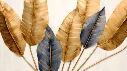 golden leaves on a white wooden background. 3d illustration. Ai generative.