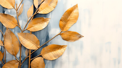 Fototapeta na wymiar Golden leaves on a blue background with copy space. Top view. Ai generative.