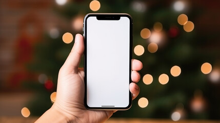 Smartphone Mock-up mit leerem, weißen Bildschirm in einer Hand vor verschwommenem Hintergrund, mit geschmücktem Weihnachtsbaum und Lichtdekoration