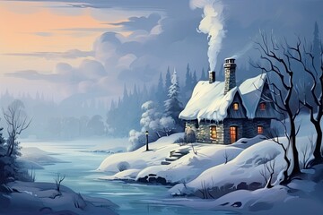 Winter landscape with a cozy house and a smoking chimney - obrazy, fototapety, plakaty