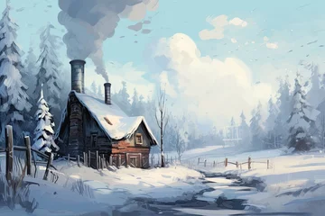 Foto op Plexiglas Winter landscape with a cozy house and a smoking chimney © PinkiePie