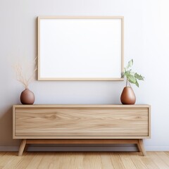Picture frame mockup, horizontal wodden frame, hanging on a light grey wall, aspect ratio 4:3, wodden floor, credenza