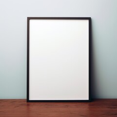 Picture frame mockup, vertical black frame, placed on the floor, leaning against a light blue wall, aspect ratio 3:4, wodden floor