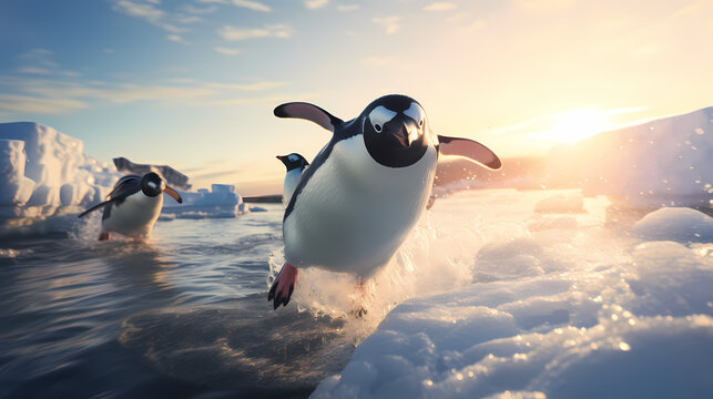 Penguins Sliding And Having Fun In The Antarctic, Frozen Lake, Ultra Realistic. Generative Ai