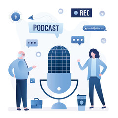 People talking near giant mic. Radio host at workplace. Podcaster or blogger talking with guest. Media characters create media content. Broadcaster at workspace. Live stream.