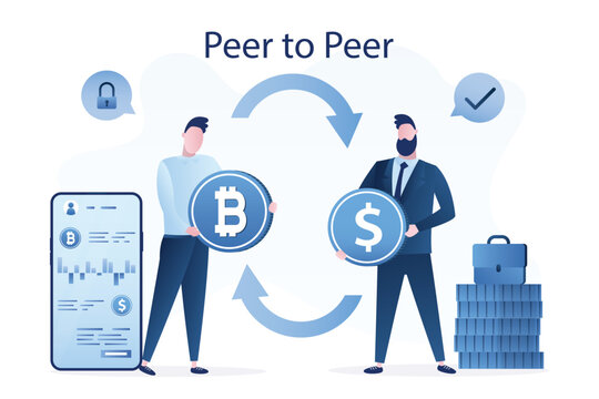 Businessmen directly exchange digital money. P2P, peer to peer, online platform or app on smart phones for exchange crypto currency. Exchange bitcoin, financial technology.