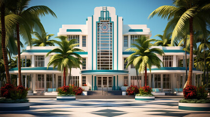 Fototapeta premium Art deco hotel in a tropical city like Miami. 