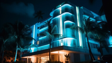 Art Deco style building in a tropical city like Miami. - obrazy, fototapety, plakaty