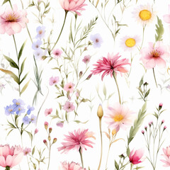 Fototapeta na wymiar pattern of wildflowers in watercolor style, with soft colors and delicate brushstrokes, on a white background 13