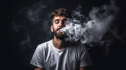 Man smoking or vaping on solid background. 