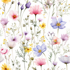 pattern of wildflowers in watercolor style, with soft colors and delicate brushstrokes, on a white background 19