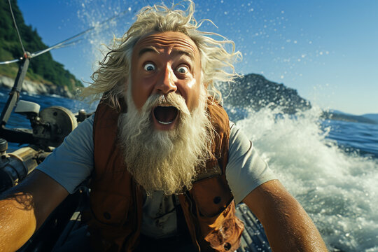 Stunning fisherman in shock, mouth wide open, radiating surprise and astonishment while holding a fishing rod. Emotionally charged, sure to amaze.