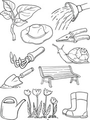 Attributes gardener. Garden, seedling pots, watering can, hat, spatula, gloves, garden shears - black and white, black line vector
