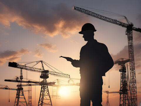 silhouette of an engineer at a construction site. Construction worker at sunset with tower cranes in the background. generative AI
