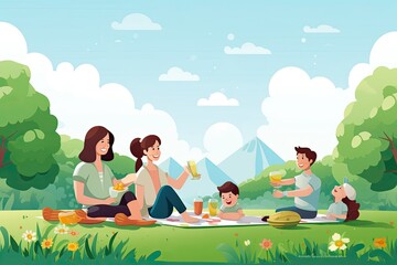 Young family having a picnic in the park, smiling parents and children, against the backdrop of nature and fluffy clouds 