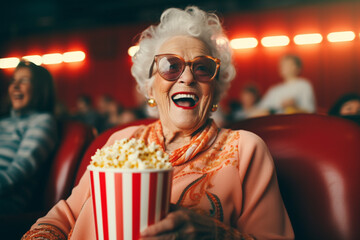 Happy elderly woman watching movie in cinema theater with popcorn - obrazy, fototapety, plakaty