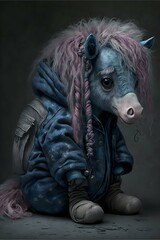 a homeless and shabby looking character of My little Pony pink and silver and dark blue background in silver highly detailed 