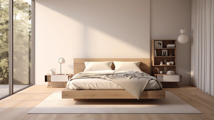 A contemporary minimalist bedroom design with a calming white ambiance, featuring a king-sized bed, wall-mounted reading lights, and a stylish bedside table, all complemented by natural sunlight strea