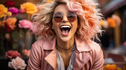 Captivating ecstatic fashion blogger in full expression of joy, thrill of new discoveries on laptop, gleefully capturing moments for social media. - obrazy, fototapety, plakaty