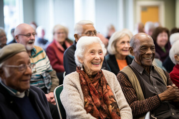 Group of happy diverse senior people sitting together - obrazy, fototapety, plakaty