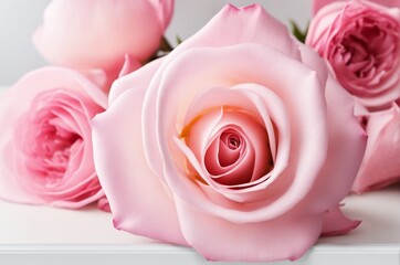 Featuring a Close-Up View of Pink Roses and Petals Arranged on a White Surface. Composition with Flowers in a Frame Layout, Offering Blank Space, Ideal for Top Down Photography.