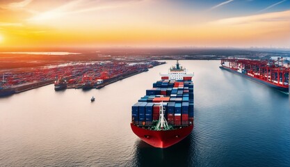 Aerial view from drone, Container ship or cargo shipping business logistic import and export freight transportation by container ship in the open sea, freight ship boat.  - obrazy, fototapety, plakaty
