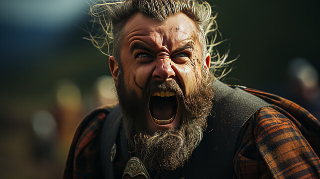 Captivating display of raw emotion as an irate caber tosser in Scotland, furrowed brow revealing fury at the heart of Highland games competition.