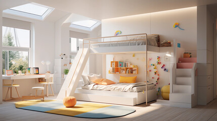 A contemporary, minimalist kid's room with a white base color, adorned with colorful accents, a bunk bed, playful decor, and a study area, bathed in the gentle glow of sunlight