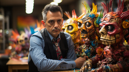Emotive depiction of a despondent pinata maker in his workshop, embodying artisan sorrow amidst vibrant paper-mâché crafts. - obrazy, fototapety, plakaty