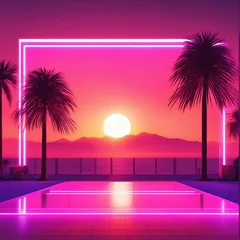 Deurstickers beautiful sunrise view with view of palm trees and mountains retro neon color © SR07XC3