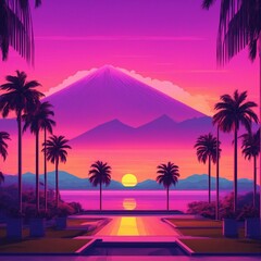 beautiful sunrise view with view of palm trees and mountains retro neon color