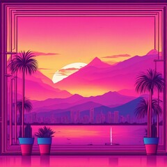 beautiful sunrise view with view of palm trees and mountains retro neon color