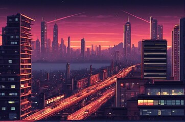 Digital Pixel Art Representation of a Retro-Futuristic Urban Scene at Night Featuring Tall Buildings, Glowing Neon Signs, Advertisements, Vehicles, Theater Signage, & Overhead Cables. Classic Video Ga