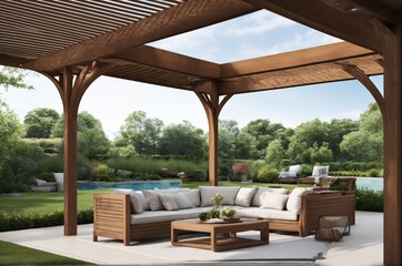 Outdoor oasis with stylish furnishings near pool beneath pergola, designed with final touches in Photoshop.