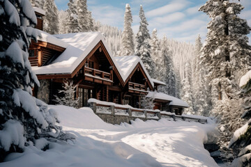 Fototapeta na wymiar Generative AI illustration of Wooden luxury house in the mountain with snowy landscape