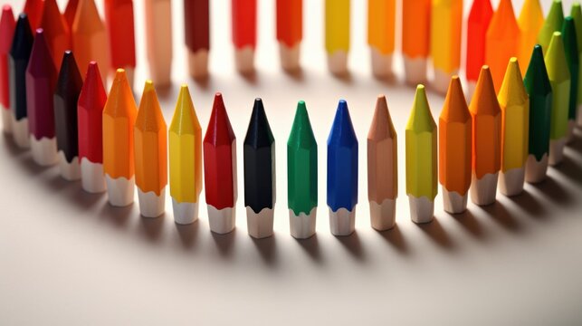 Crayons placed on white paper, symbolizing 21st-century learning and cooperation in educational organizations. The combination of art and collaboration in creative arts encourages individuals to think