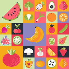 Abstract geometric pattern. Fruits and vegetables in Bauhaus style.