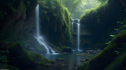 Enigmatic Enclave: The Astonishing Hidden Waterfall Unveiled Amidst the Mystical Forest - obrazy, fototapety, plakaty