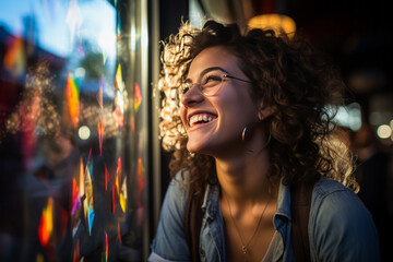 Vibrant snapshot of a joyful woman, heartily laughing during an inclusive night out with friends at lesbian bar showcasing love, freedom & LGBTQ+ pride. - obrazy, fototapety, plakaty