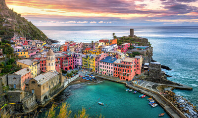 Vernazza village in Cinque Terre, Italy, on dramatic sunrise