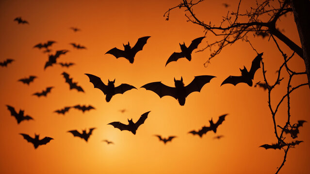 Halloween bats silhouette image with orange background. (Productive AI)