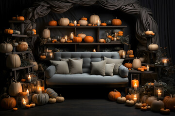 Obraz premium scary spooky halloween season, monster skull and crossbones halloween witch with pumpkin, halloween and October background 