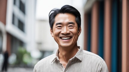 Senior Asian man smiling at the camera outdoors. Close-up portrait of a laughing handsome Asian man in the city. Middle aged man walking in a city.  AI Generated - obrazy, fototapety, plakaty