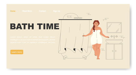 Bath time concept of landing page with girl bathtub. Plump female character washes with bubbles