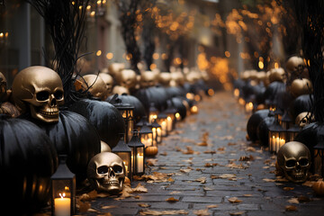 scary spooky halloween season, monster skull and crossbones halloween witch with pumpkin, halloween and October background	